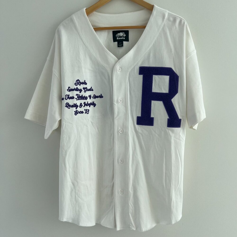 Roots Sporting Goods White Baseball Jersey Varsity Chenille R Button Up L Cotton
